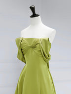 A-Line Off Shoulder Green Satin Long Formal Prom Dress, Green Long Formal Prom Dress