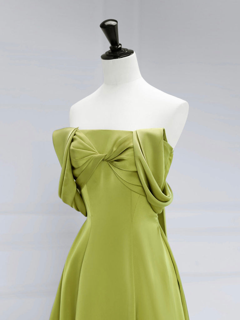 A-Line Off Shoulder Green Satin Long Formal Prom Dress, Green Long Formal Prom Dress
