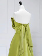 A-Line Off Shoulder Green Satin Long Formal Prom Dress, Green Long Formal Prom Dress