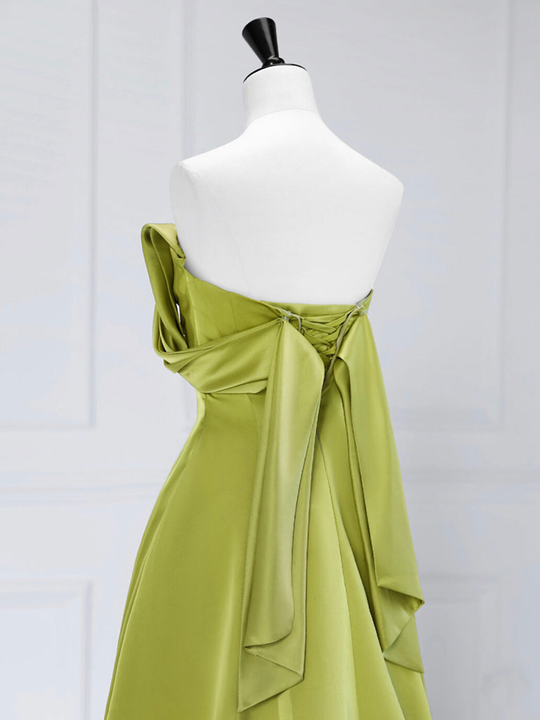 A-Line Off Shoulder Green Satin Long Formal Prom Dress, Green Long Formal Prom Dress