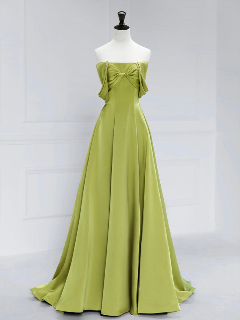 A-Line Off Shoulder Green Satin Long Formal Prom Dress, Green Long Formal Prom Dress