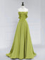 A-Line Off Shoulder Green Satin Long Formal Prom Dress, Green Long Formal Prom Dress
