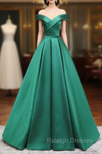 A-Line Off Shoulder Green Satin Long Prom Dresses, Green Evening Dresses