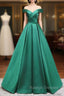 A-Line Off Shoulder Green Satin Long Prom Dresses, Green Evening Dresses