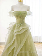 A Line Off Shoulder Green Tulle Long Prom Dress