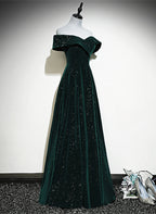 A-Line Off Shoulder Green Velvet Simple Prom Dresses Green Prom Dresses Prom Dresses