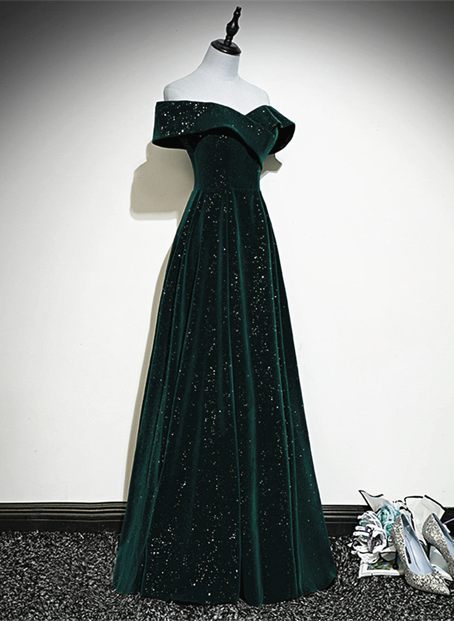 A-Line Off Shoulder Green Velvet Simple Prom Dresses Green Prom Dresses Prom Dresses