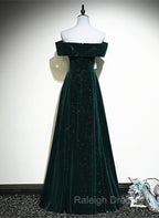 A-line Off Shoulder Green Velvet Simple Party Dress, Green Prom Dress Formal Dress