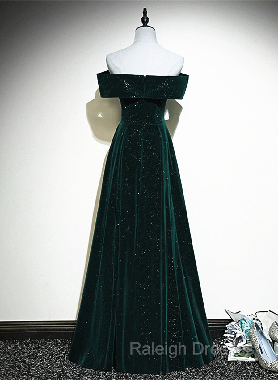 A-line Off Shoulder Green Velvet Simple Party Dress, Green Prom Dress Formal Dress