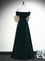 A-Line Off Shoulder Green Velvet Simple Prom Dresses Green Prom Dresses Prom Dresses