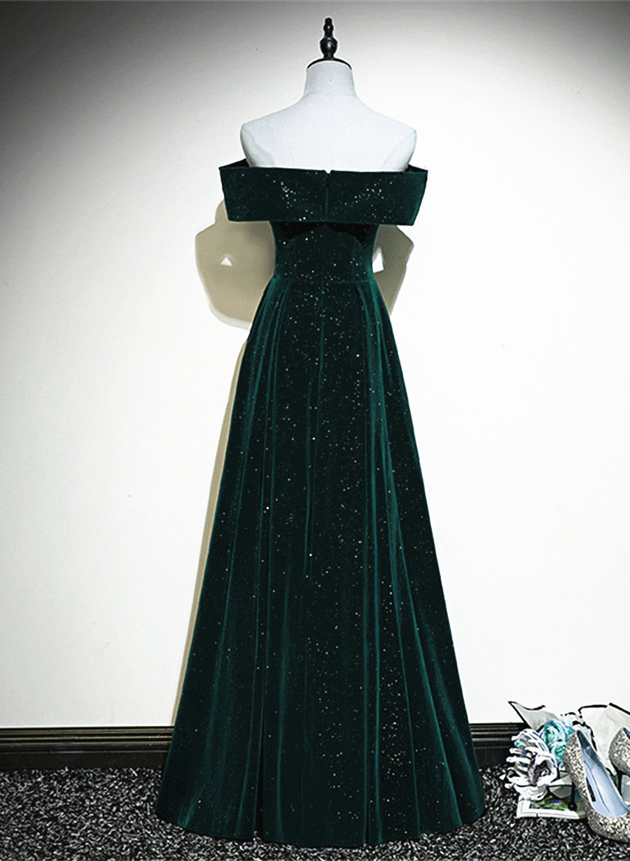 A-Line Off Shoulder Green Velvet Simple Prom Dresses Green Prom Dresses Prom Dresses