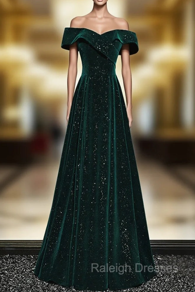 A-line Off Shoulder Green Velvet Simple Party Dress, Green Prom Dress Formal Dress