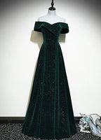 A-Line Off Shoulder Green Velvet Simple Prom Dresses Green Prom Dresses Prom Dresses