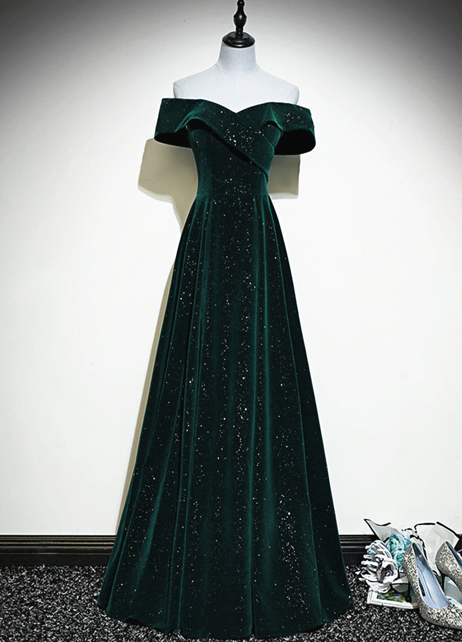 A-Line Off Shoulder Green Velvet Simple Prom Dresses Green Prom Dresses Prom Dresses