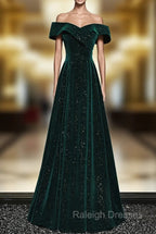 A Line Off Shoulder Green Velvet Simple Prom Dresses Green Prom Dresseses