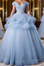 A-Line Off Shoulder Lace Tulle Blue Long Prom Dress, Blue Sweet 16 Dress