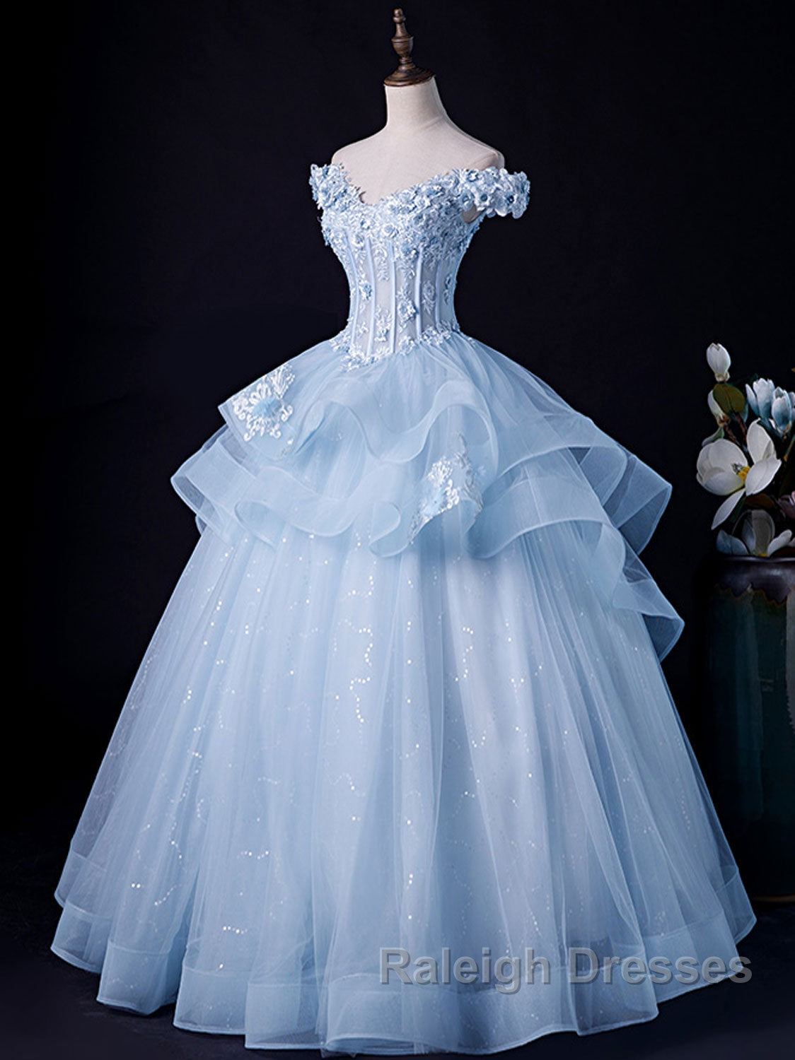 A-Line Off Shoulder Lace Tulle Blue Long Prom Dress, Blue Sweet 16 Dress Secondary image