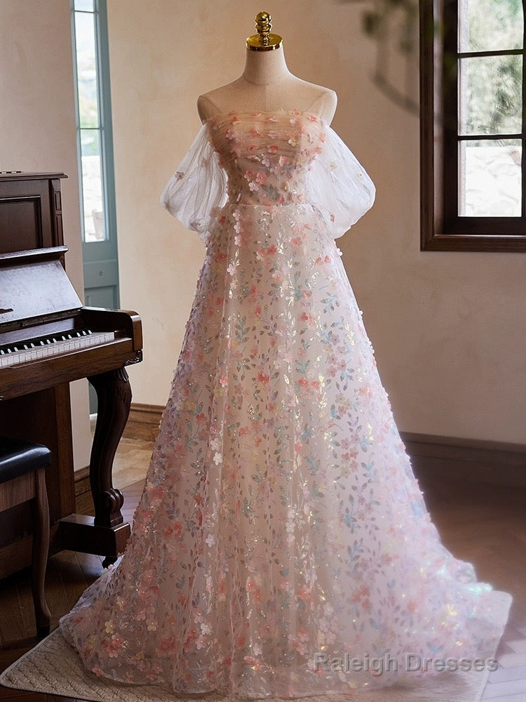 A-Line Off Shoulder Lace Tulle Pink Long Prom Dress, Pink Long Evening Dress Main image