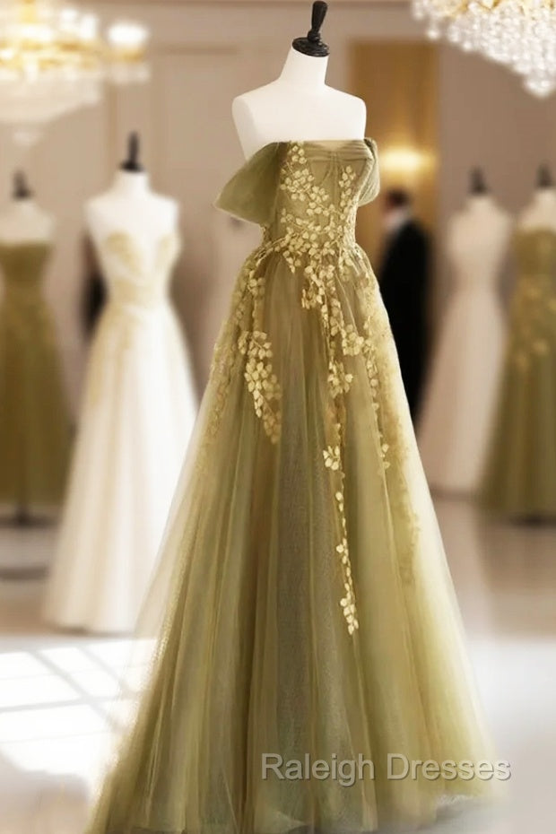 A Line Off Shoulder Long Prom Dress, Green Tulle Formal Prom Dress