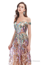 A line Off Shoulder Long Prom Dresses