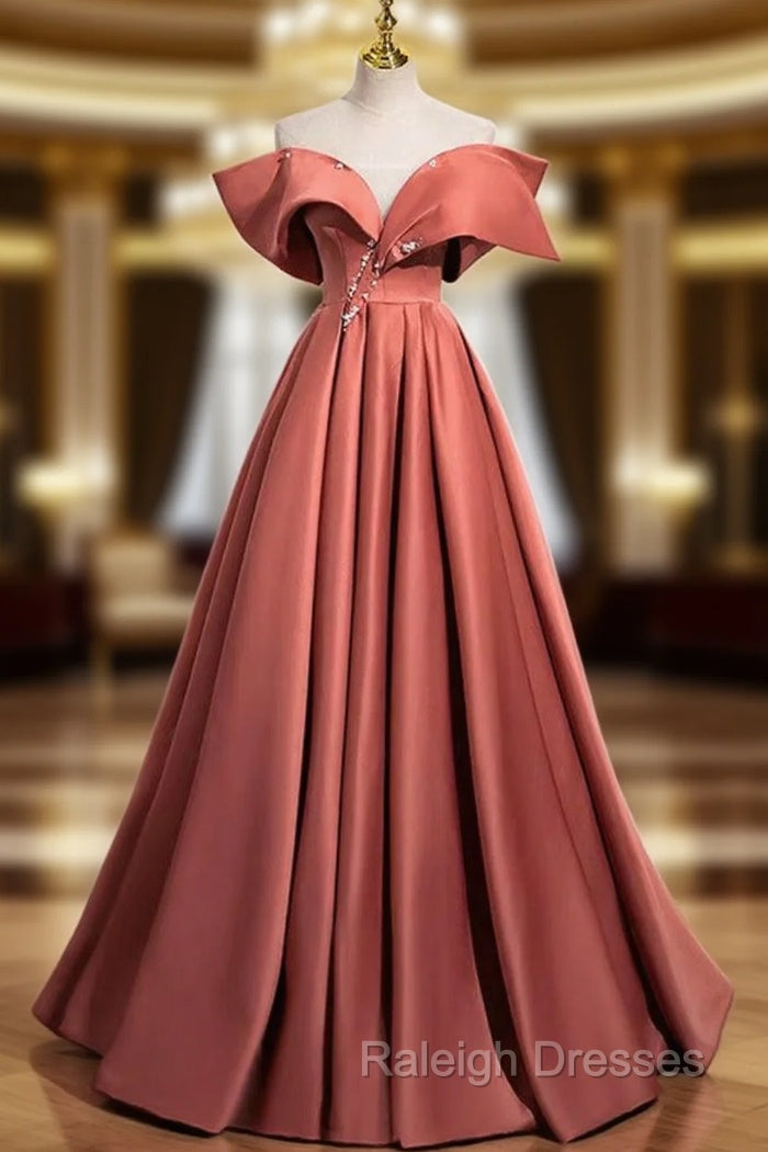 A-Line Off Shoulder Off Shoulder Satin Long Prom Dress, Watermelon Red Long Formal Dress Main image