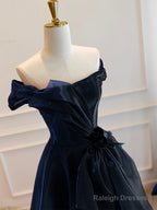 A-Line Off Shoulder Organza Dark Blue Long Prom Dress, Dark Blue Long Formal Dress