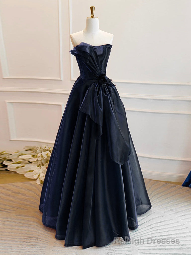 A-Line Off Shoulder Organza Dark Blue Long Prom Dress, Dark Blue Long Formal Dress Main image
