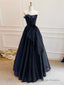 A-Line Off Shoulder Organza Dark Blue Long Prom Dress, Dark Blue Long Formal Dress