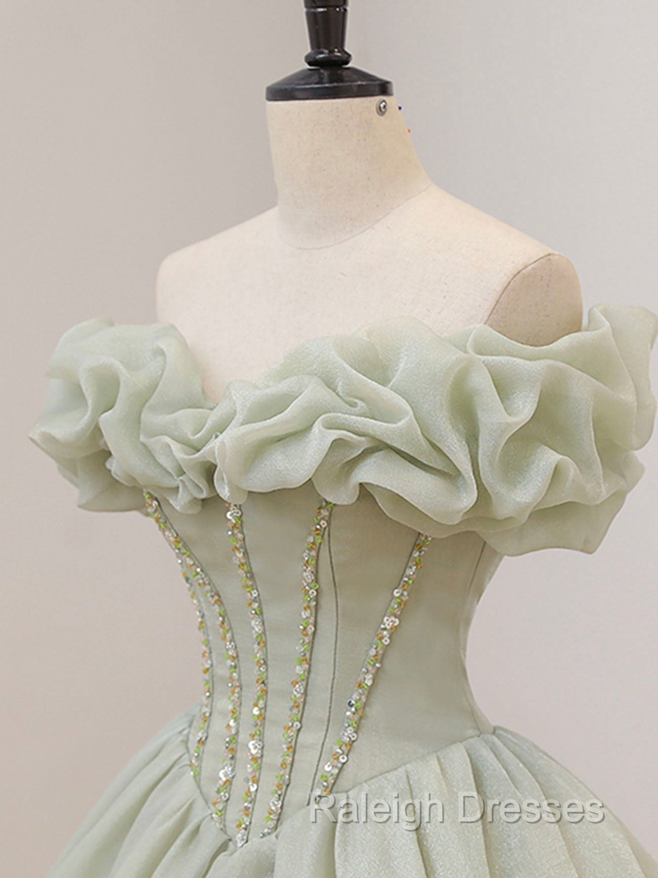 A Line Off Shoulder Organza Green Short Prom Dress,Cute Homecoming Dress with Beads