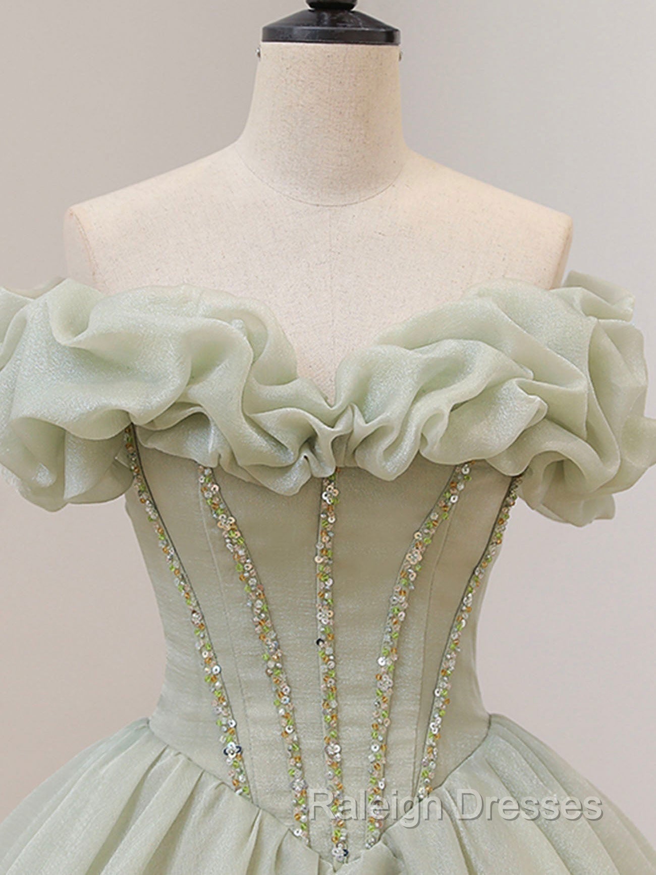 A Line Off Shoulder Organza Green Short Prom Dress,Cute Homecoming Dress with Beads