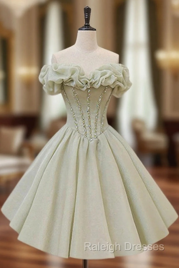 A-Line Off Shoulder Organza Green Short Prom Dress,Cute Homecoming Dress with Beads Main image