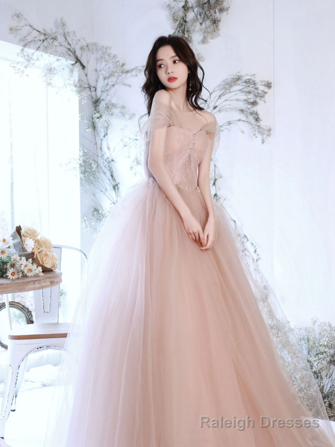 A Line Off Shoulder Pink Long Prom Dress, Pink Graduation Dress With Beading Lace