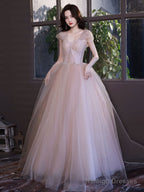 A-Line Off Shoulder Pink Long Prom Dresses Pink Graduation Dresses With Beading Lace