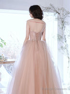 A-Line Off Shoulder Pink Long Prom Dresses Pink Graduation Dresses With Beading Lace