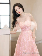 A-Line Off Shoulder Pink Long Prom Dress, Pink Long Graduation Dress