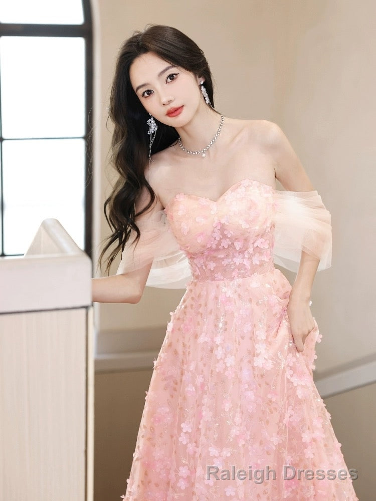 A-Line Off Shoulder Pink Long Prom Dress, Pink Long Graduation Dress