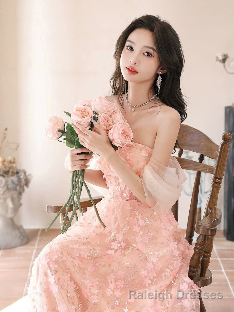 A Line Off Shoulder Pink Long Prom Dress, Pink Long Graduation Dress