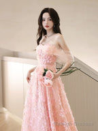 A Line Off Shoulder Pink Long Prom Dress, Pink Long Graduation Dress