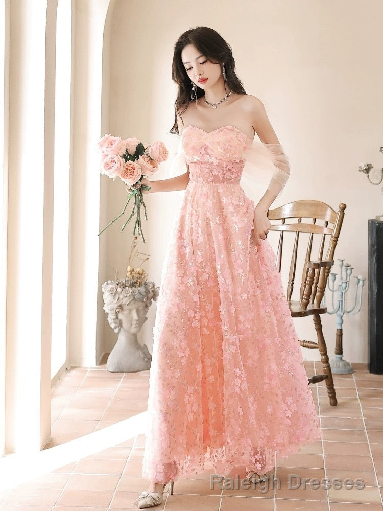 A Line Off Shoulder Pink Long Prom Dress, Pink Long Graduation Dress Main image