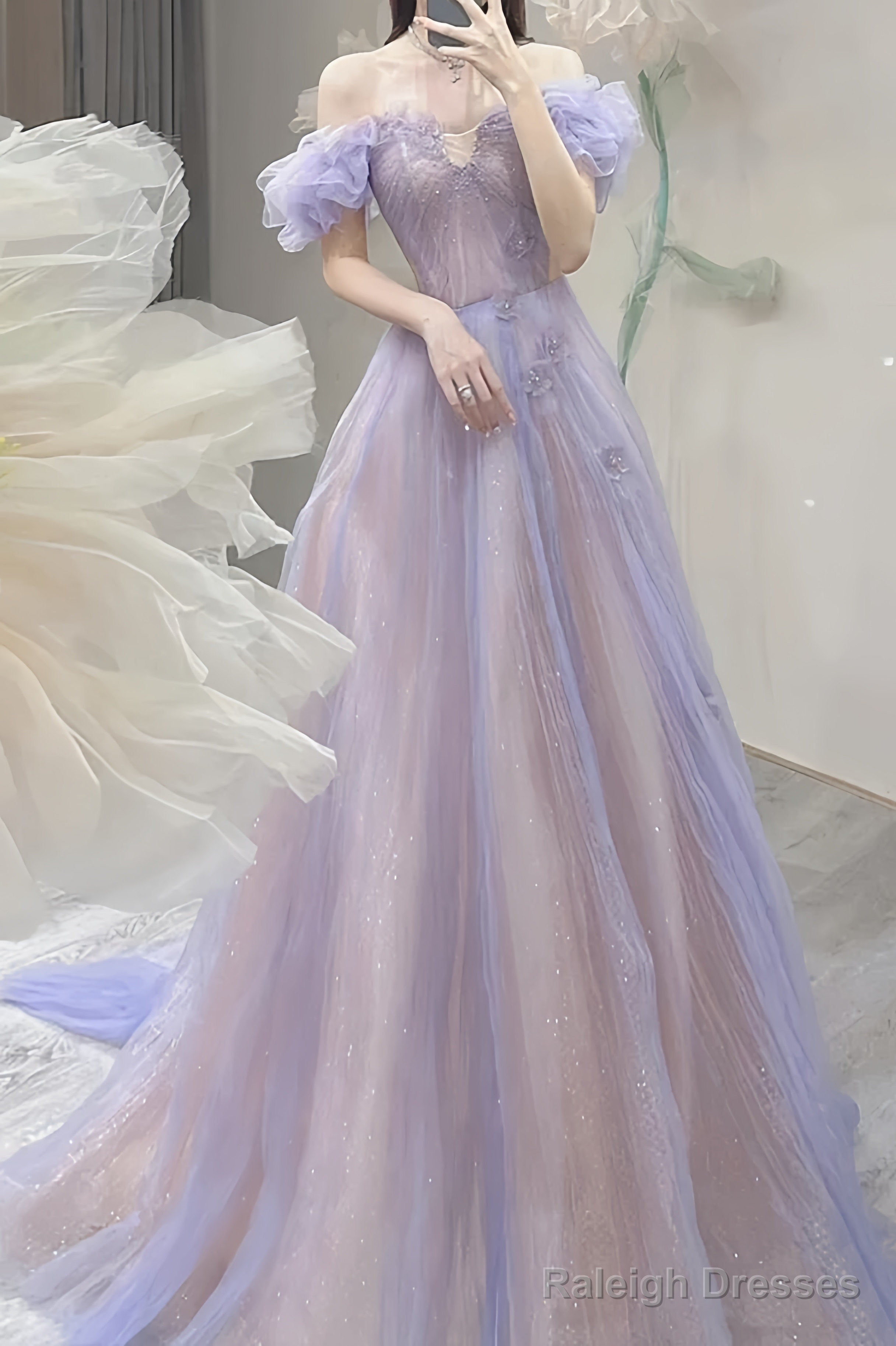 A-Line Off Shoulder Purple Tulle Long Prom Dress Main image
