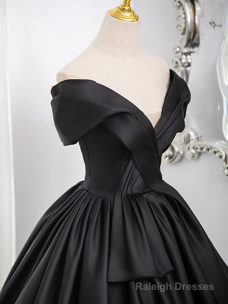 A-Line Off Shoulder Satin Black Long Prom Dress, Black Long Formal Dress Secondary image