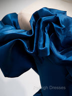 A-Line Off Shoulder Satin Blue Long Prom Dress, Blue Evening Dresses