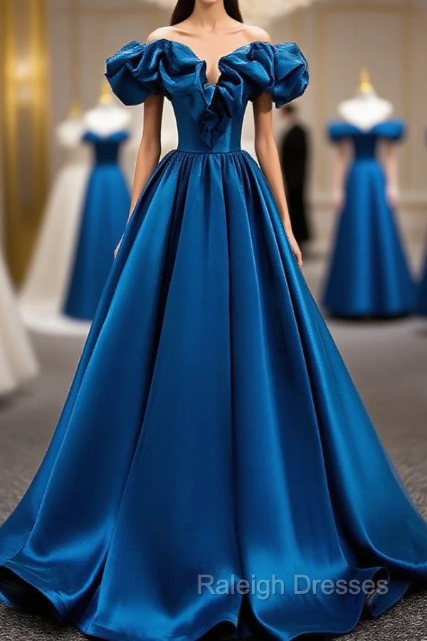 A-Line Off Shoulder Satin Blue Long Prom Dress, Blue Evening Dresses
