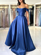 A-Line Off Shoulder Satin Blue Long Formal Prom Dress, Blue Long Prom Dress