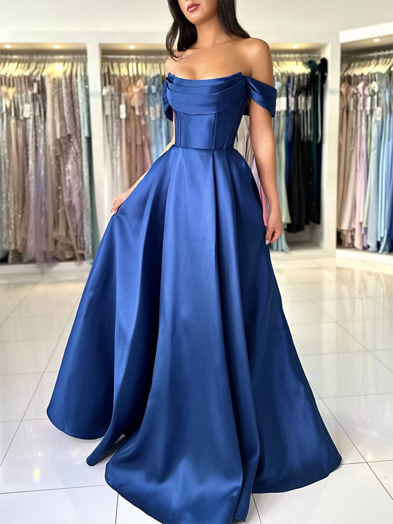 A-Line Off Shoulder Satin Blue Long Formal Prom Dress, Blue Long Prom Dress