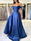 A-Line Off Shoulder Satin Blue Long Formal Prom Dress, Blue Long Prom Dress