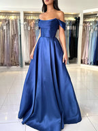 A-Line Off Shoulder Satin Blue Long Formal Prom Dress, Blue Long Prom Dress
