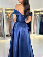 A-Line Off Shoulder Satin Blue Long Formal Prom Dress, Blue Long Prom Dress
