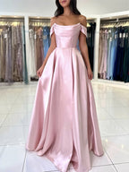 A-Line Off Shoulder Satin Blue Long Formal Prom Dress, Blue Long Prom Dress