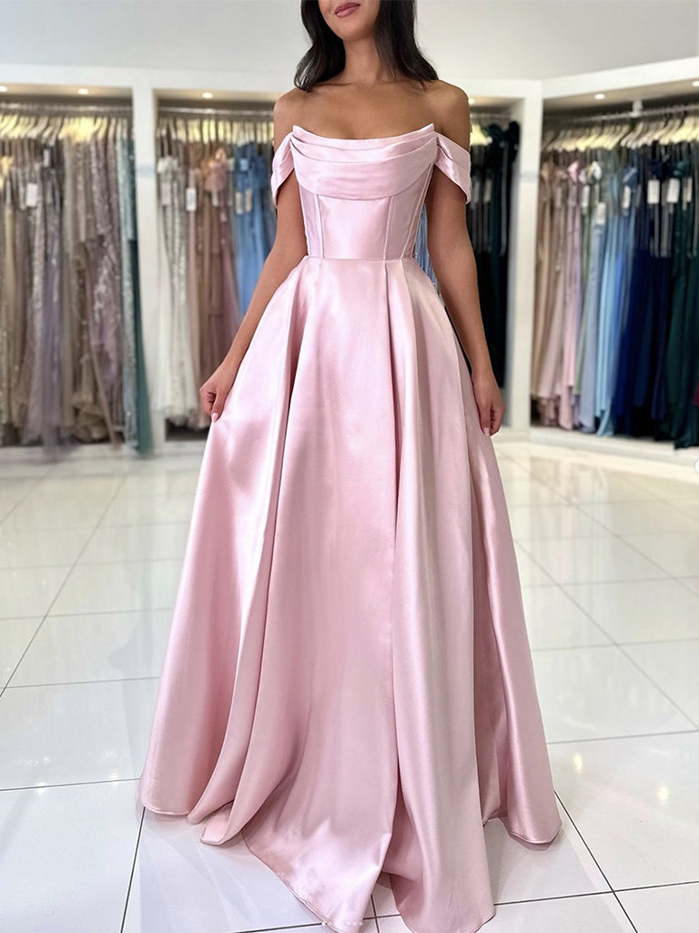A-Line Off Shoulder Satin Blue Long Formal Prom Dress, Blue Long Prom Dress